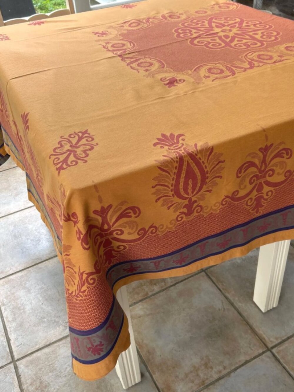 Vintage cotton jaqueard tablecloth, spice colors 99" x 64"
